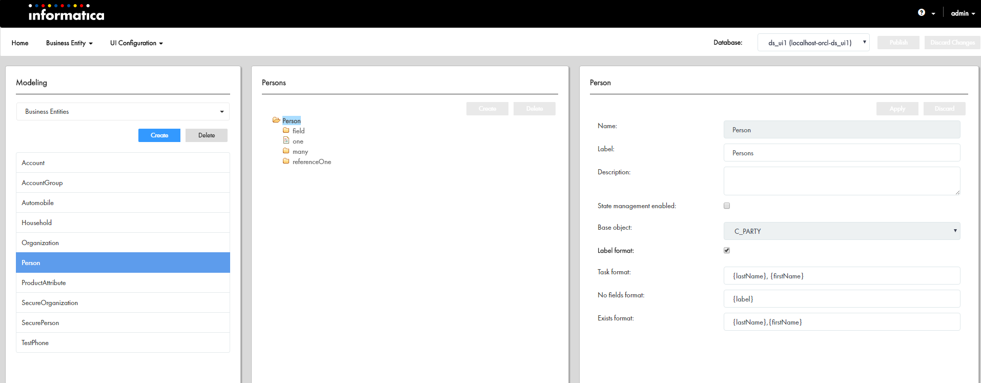 A screenshot showing a node called "Person". The properties of the root node display in the node properties panel. 
		  