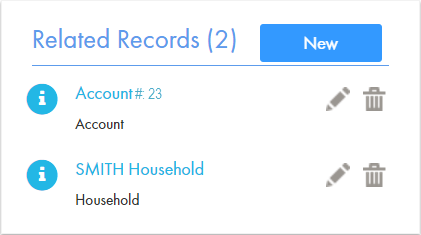 The sample Related Records component contains two related records, Account #: 23 and SMITH Household. 
			 