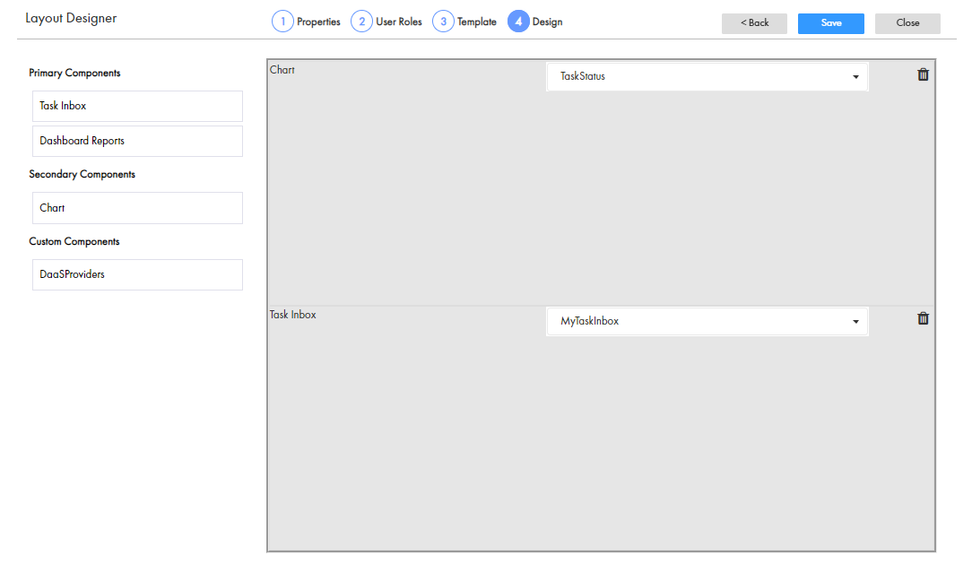 The sample Design page shows the 
					 Task Inbox component and the 
					 Dashboard Reports component in the workspace. 
				  