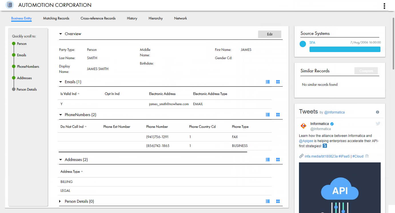 The sample record view contains the Record Details component, the Source Systems component, the Similar Records component, and Twitter feed. 
		  