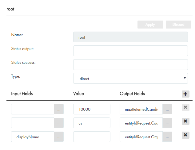 A screenshot showing the transformation and mapping of fields for a root entity. 
				  