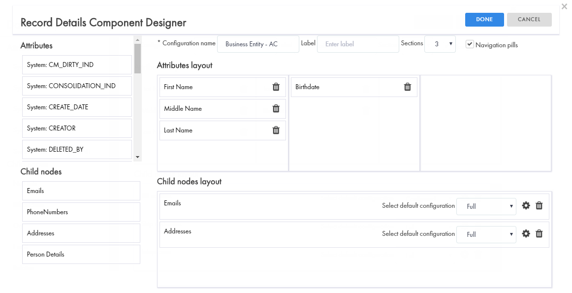 The sample 
							 Data Component Designer contains the layout of attributes and child nodes. 
						  