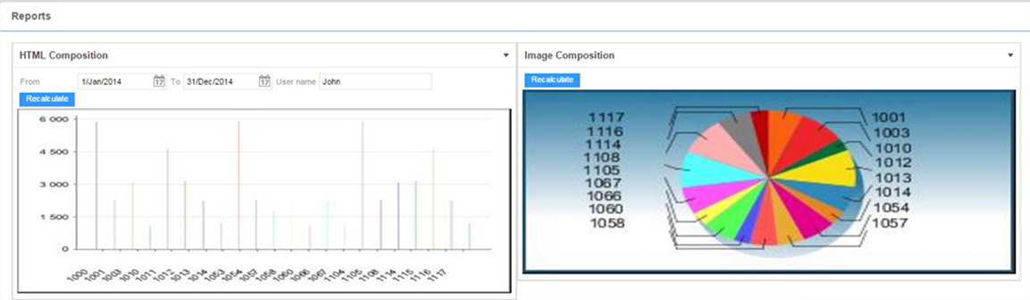 The sample Dashboard Reports View contains Jaspersoft reports displayed as a bar graph and a pie chart. 
		  