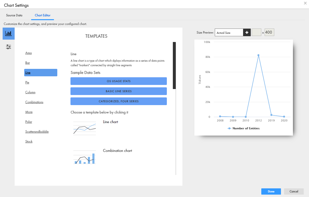 The Chart Editor tab displays the available chart templates and a preview of the chart. 
		