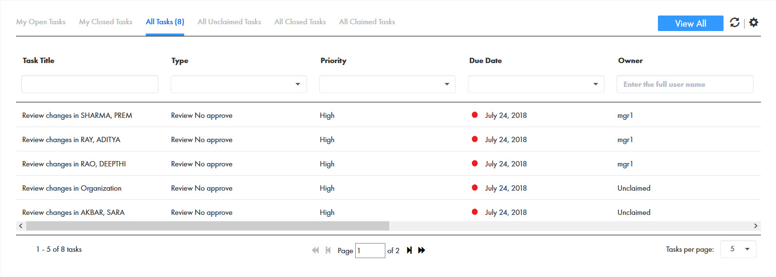 The sample task inbox displays three claimed tasks and two unclaimed tasks. 
			 