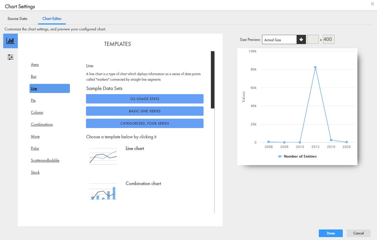 A guia Editor de Gráficos exibe os modelos de gráficos disponíveis e uma visualização do gráfico. 
		