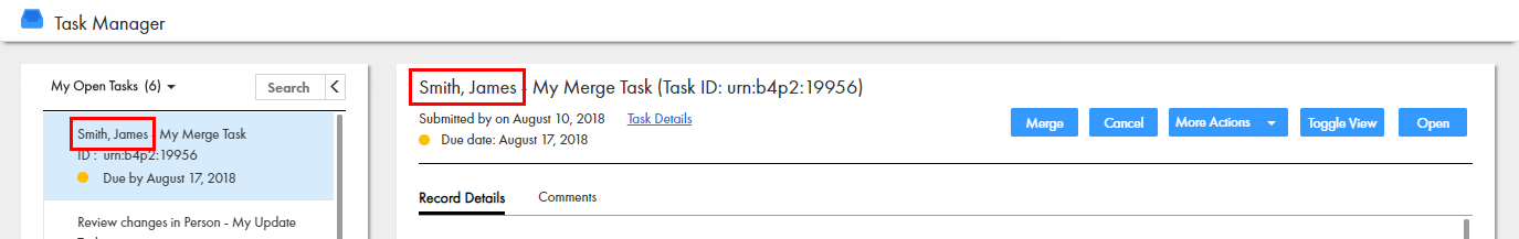 Uma captura de tela mostrando uma tarefa com um quadrado vermelho ao redor da parte do título da tarefa que você pode configurar. 
					 
