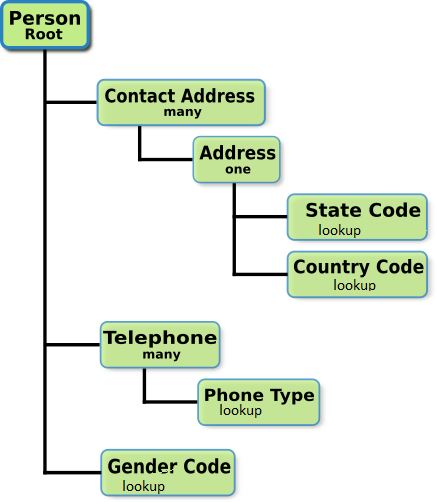 A model of the Person busness entity with labels for the node type. The second level in the structure contains the contact address, phone, and gender nodes.
			 