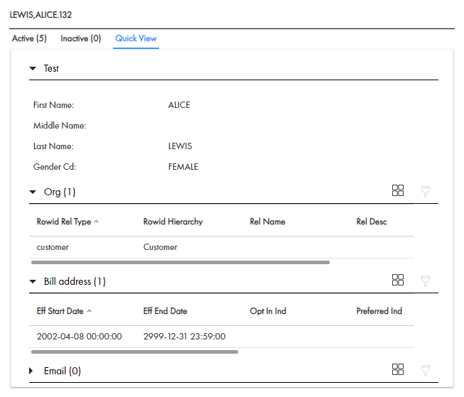 The Quick View in the Network View displays a summary of details for the Alice Lewis record. 
		