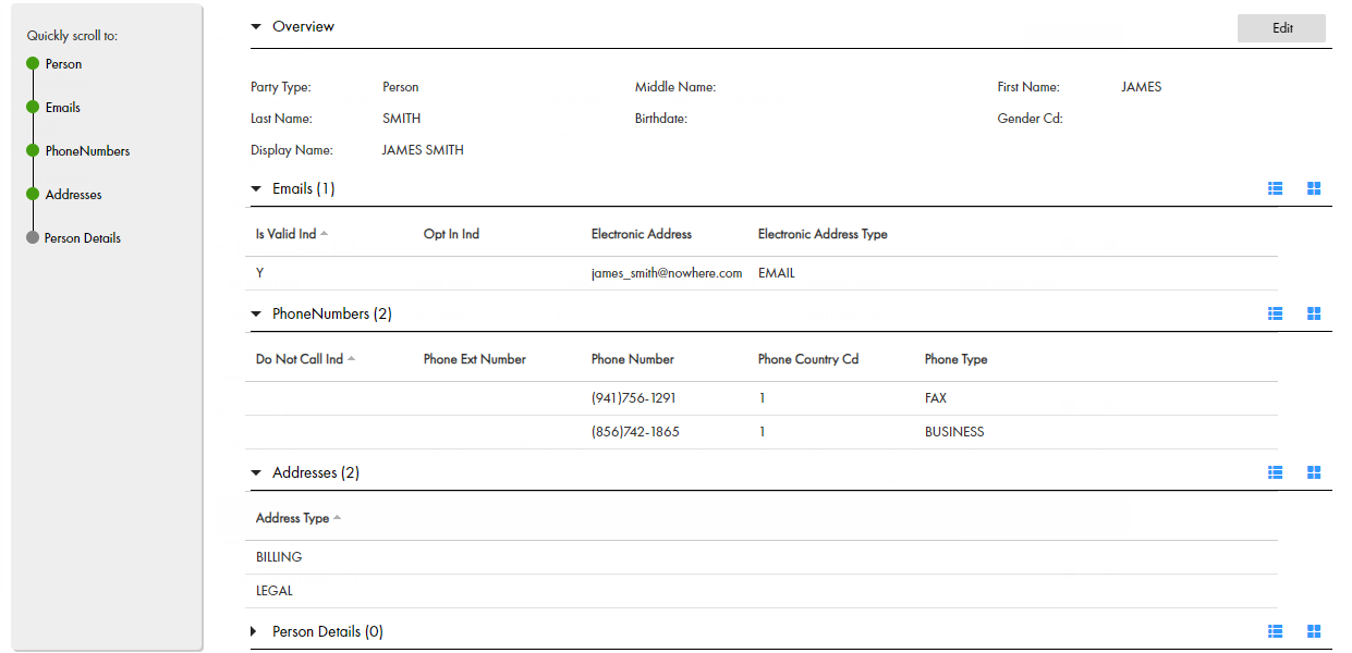 The sample Record Details component contains the information for James Smith and a vertical menu. 
		  