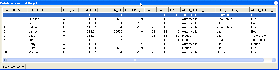 The Database Row Test Output window displays ten rows of data. 
				  