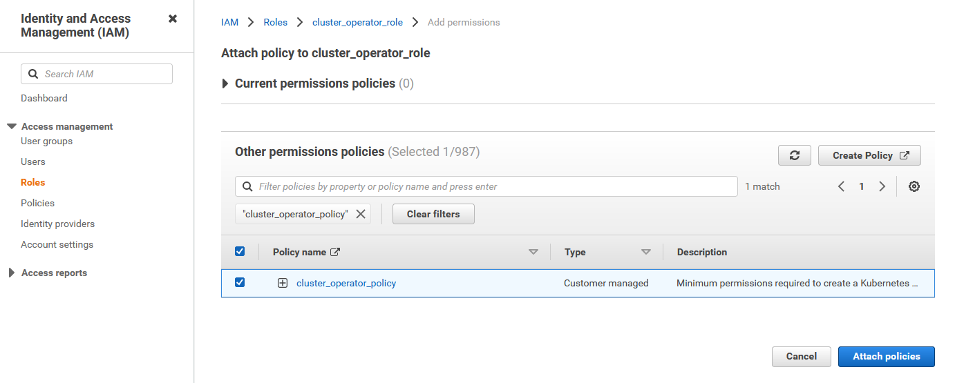 The Add permissions wizard is open for cluster_operator_role. The customer-managed policy cluster_operator_policy is selected and ready to be attached to the role. 
		  