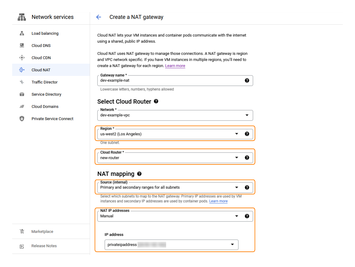 In the Google Cloud Console, under Network Services, the Cloud NAT tab is selected and the configuration for a new NAT gateway is open. Annotations highlight the settings for Region, Cloud Router, Source (internal), and NAT IP addresses. 
			 
