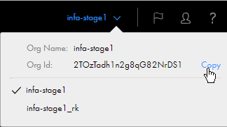 The Organization menu displays the organization name and ID. The Copy option appears when you hover the cursor to the right of the Org ID field. 
				