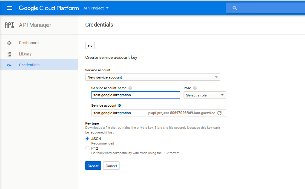 The image shows the Credentials page where you can create a service account and obtain a service account key. 
				