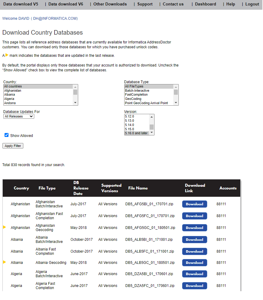 The image shows the Data download V5 tab of the Database Download Manager web page. The tab displays the list of 5.x databases available for download and includes the filter options, which you can use to select the databases that you want to download. 
			 