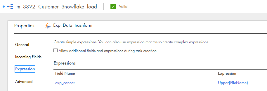 Specify the expression for the Amazon S3 input fields before writing the data to the Snowflake target. 
				  