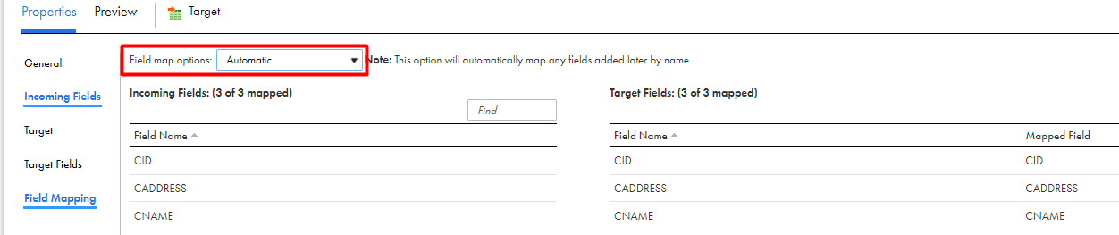 On the Field Mapping tab, the field mapping option is selected as Automatic. 
					 