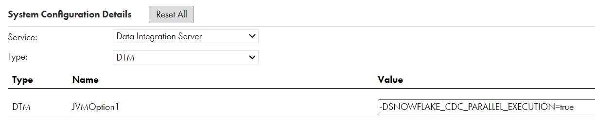 The configured JVMOption property for the Secure Agent. 
				