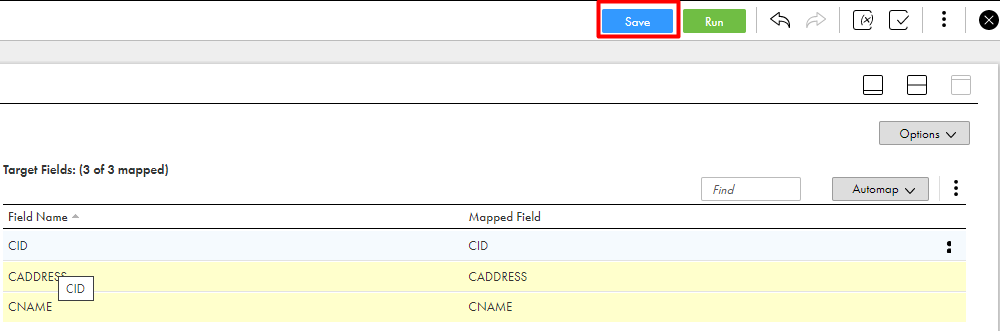 The Field Mapping tab shows the mapped fields reflecting in the Snowflake Data Cloud mapping. 
				  