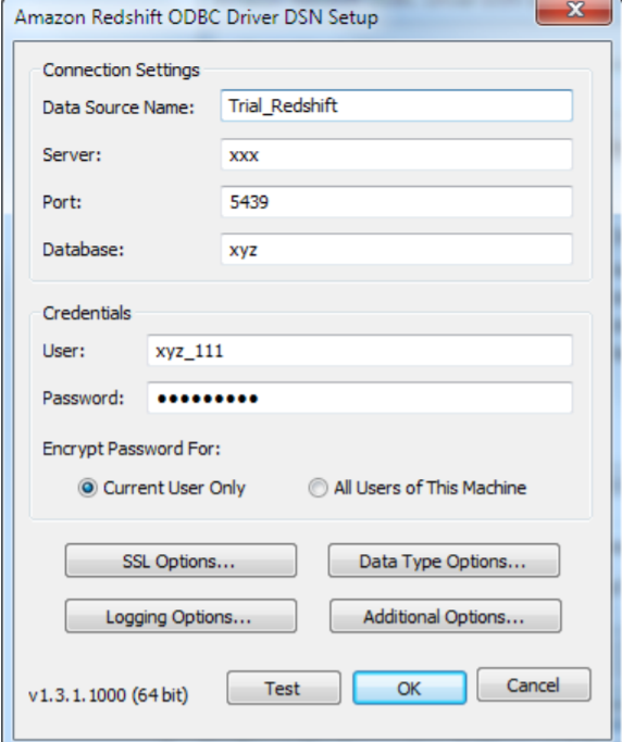 The following image shows the Amazon Redshift ODBC Driver DSN Setup  box where you can configure the connection settings and credentials fields.