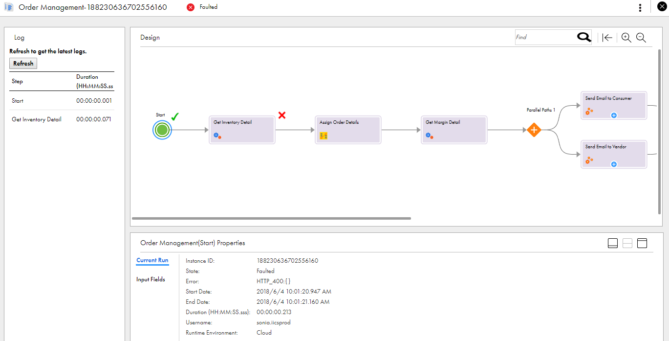 This image shows the Process View Detail page. The process has faulted at the Get Inventory Detail step. The Start step is selected and current run details are shown. 
				  