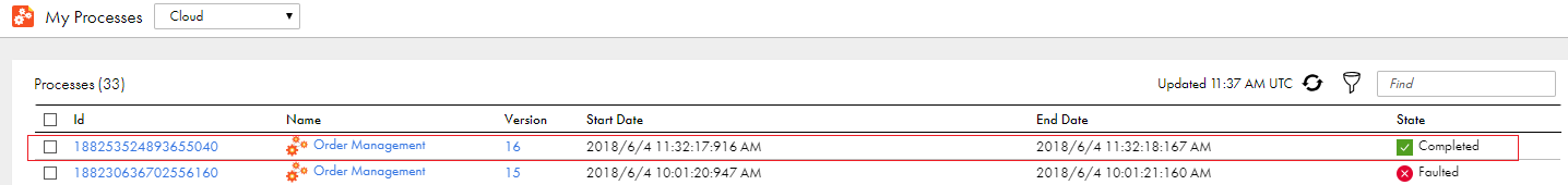 This image shows the My Processes page. You see that the process instance is Completed.
				