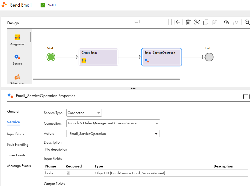 This image shows the canvas with a Service step in between the Assignment and End steps. The Service tab is highlighted and the Email_ServiceOperation action is visible.
			 