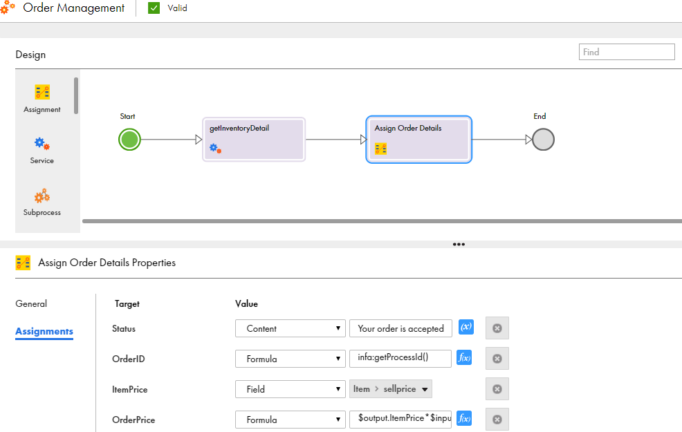 This image shows the canvas with an Assignment step in between the Service and End steps. Four fields are assigned values. 
			 