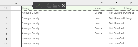 The image shows the input data panel with one selected header row in green and the menu that you use to edit the table. 
				  