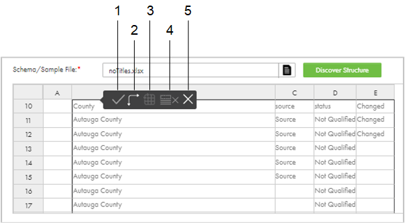 この図では、入力データパネルに見出しのないMicrosoft Excelテーブルが表示されています。メニューが開いていて、［適用］、［置き換え］、［名前と値のペアに変換］/［テーブルに変換］、［すべてのヘッダーの削除］、および［キャンセル］のボタンが表示されています。 
		  