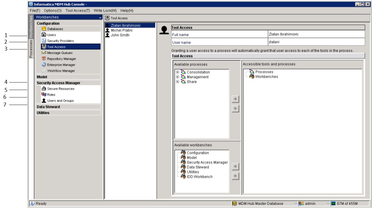 La Consola del concentrador muestra las siguientes herramientas en el entorno de trabajo de configuración: la herramienta Usuarios, la herramienta Proveedores de seguridad y la herramienta Acceso a herramientas. También se muestra el Administrador de acceso de seguridad. El Administrador de acceso de seguridad incluye las herramientas Recursos seguros, Funciones, y Usuarios y grupos. 
			 