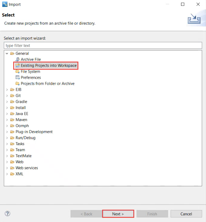 The image shows the Import window to import the existing project.