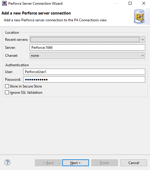 The Perforce sever connection wizard page shows the server details and the perforce user account details. 
				  