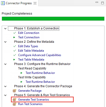 The image shows the Connector Progress tab with the create test scenarios option. 
				