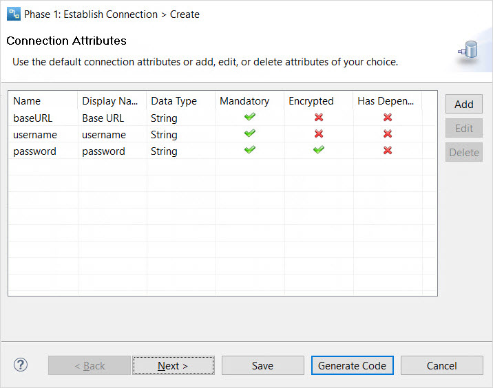 Configure the connection attributes. 
				