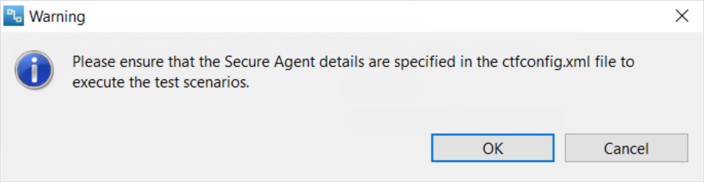 The image shows the warning message to specify agent details in the ctfconfig file before executing tests 
				