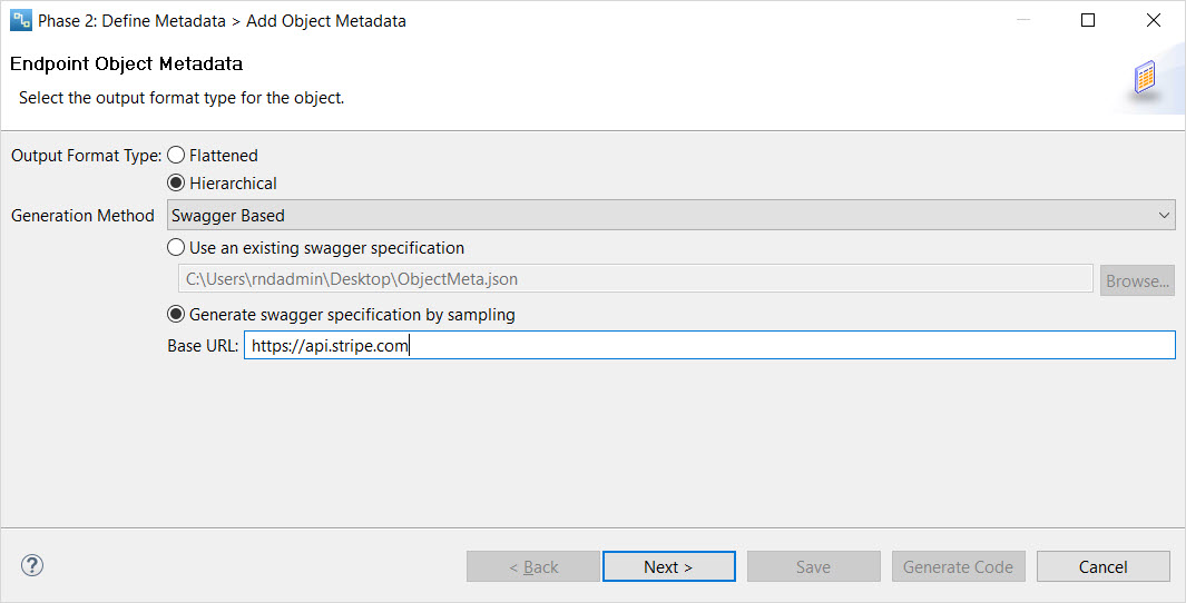 Generate swagger specification to generate metadata for an object of hierarchical type. 
						  