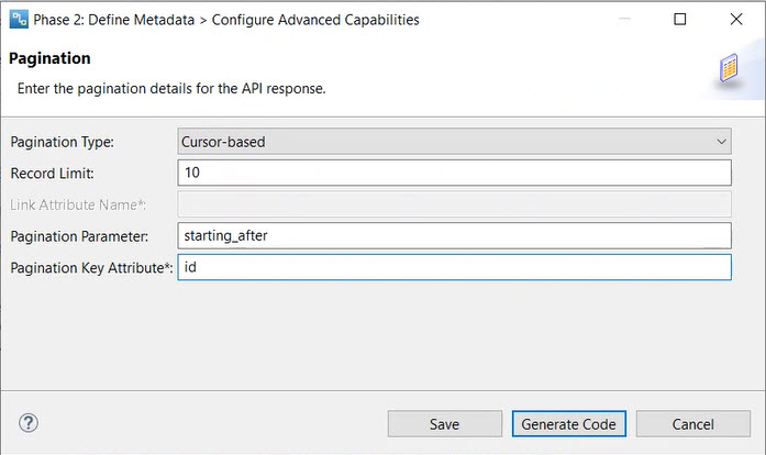 The image shows the fields for cursor-based pagination. 
					 