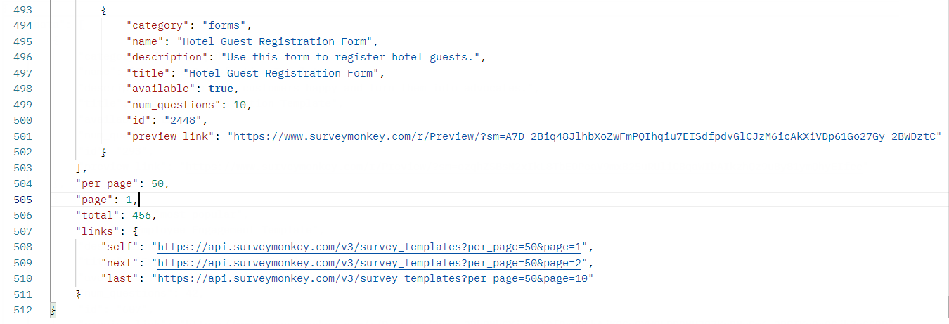 Image shows the sample response for link-based pagination
					 