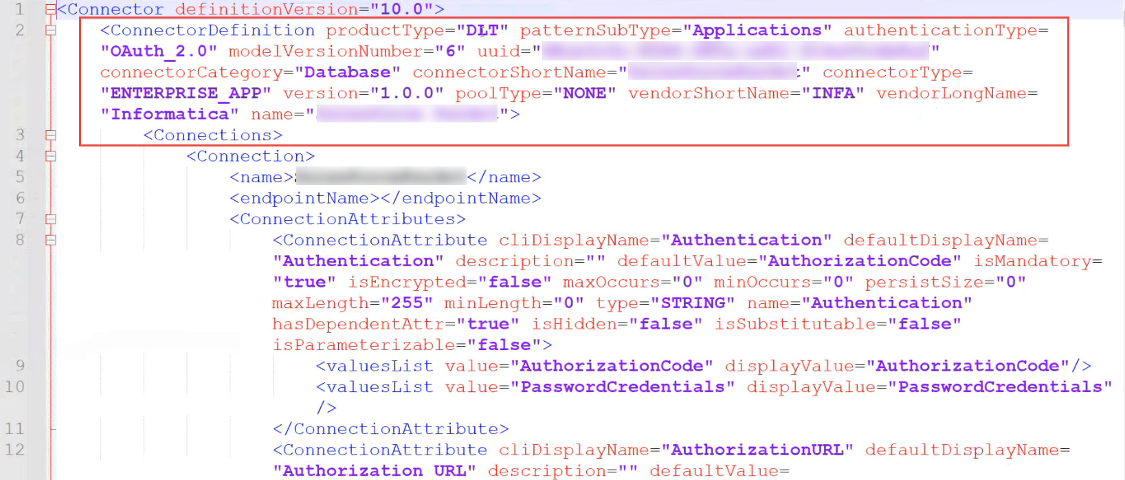 The image shows the connector details in the adapterdefinition.xml file