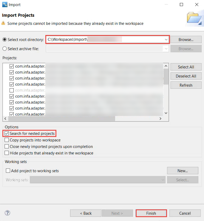 The image shows the properties to be configured to import an existing project.