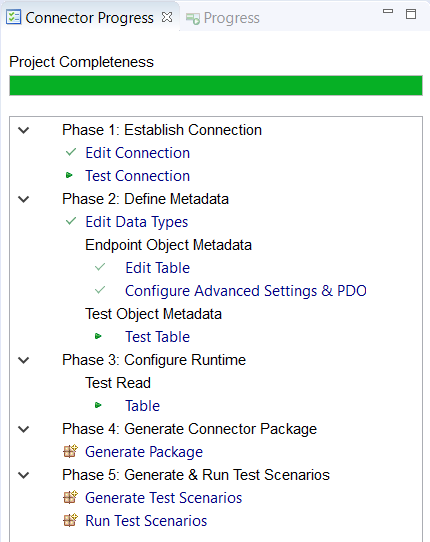 The image shows Connector Progress view with the five phases to build a connector. 
		  