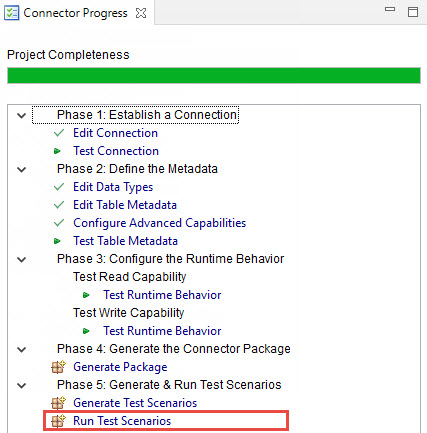 The image shows the connector progress tab with execute test scenarios option. 
				