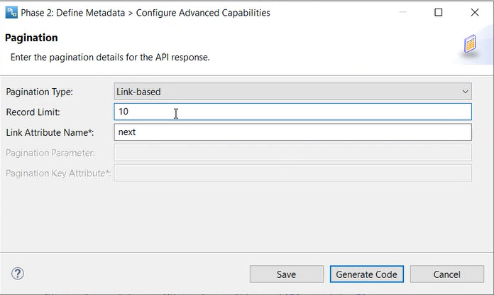 The image shows the fields for link-based pagination. 
					 