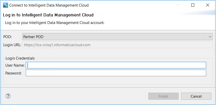 The image shows the window where you connect to Informatica Intelligent Cloud Services 
				