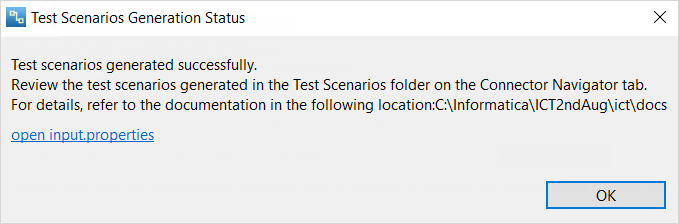 The image shows the Test Scenarios Creation Status window. 
				