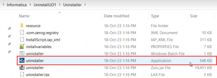 The image shows the Uninstaller application in the installation directory. 
				