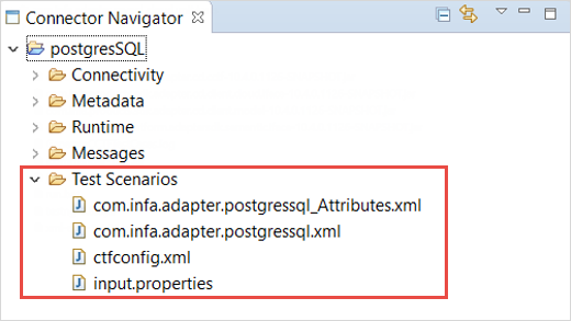 The image shows the test scenarios folder in the connector navigator tab. 
				  