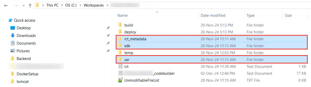 The image shows the ict_metadata, sdk, and usr folders for the existing connector.